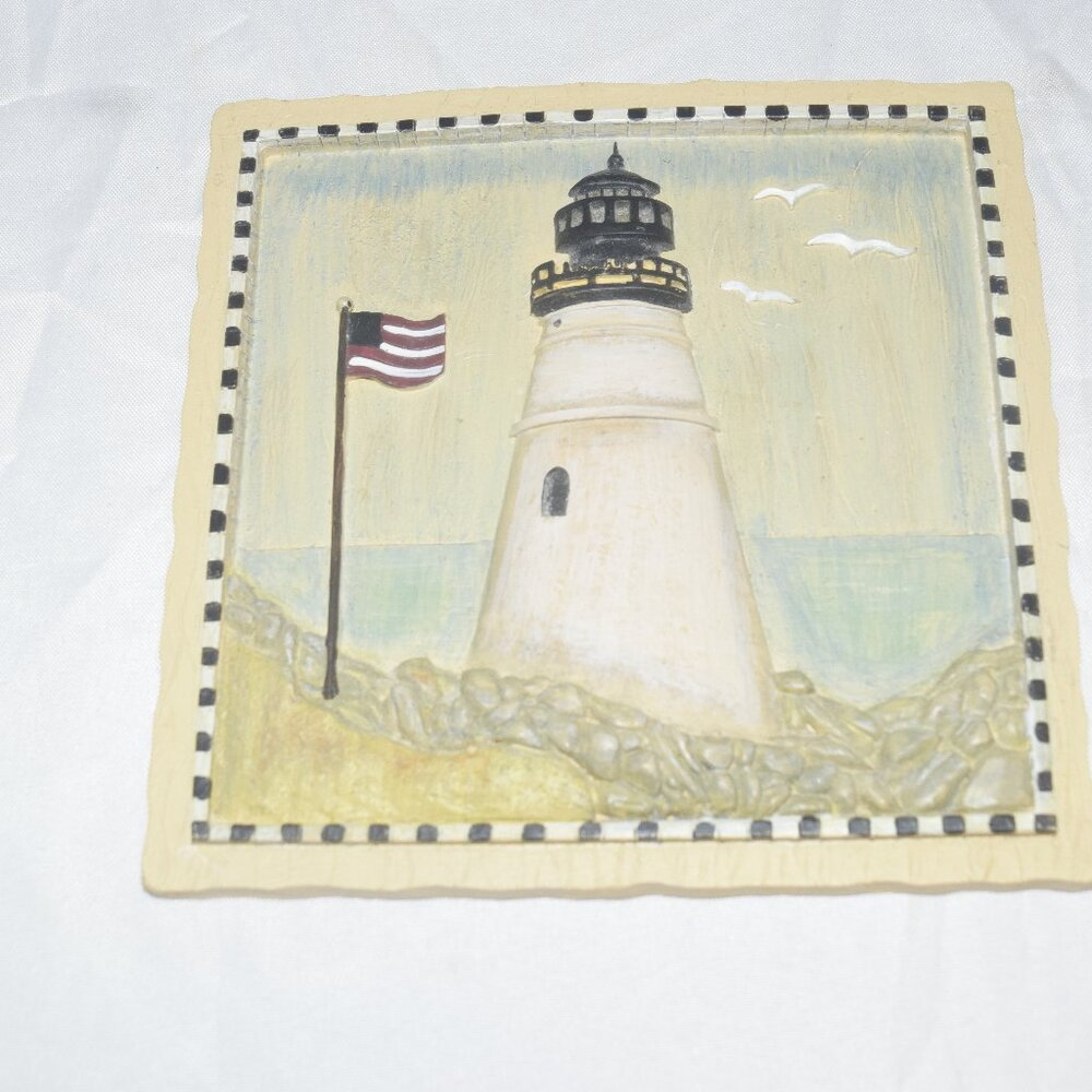 Beth Logan Patriotic Lighthouse Plaque - American Flag & Seagulls Art